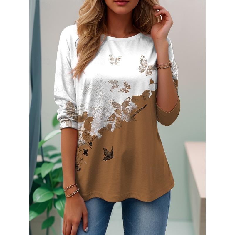 Women's T Shirt Crew Neck Long Sleeve Tunic Graphic Butterfly Plants Vintage Stylish Classic Regular Tops