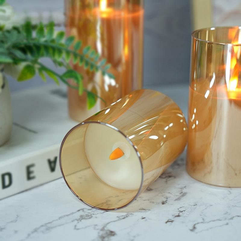Dual Finish LED Candle Trio Mirrored Amber Glass Matte Ivory Flameless Pillars for Contrasting Light Play Paraffin LED Candle