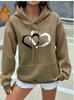 Women's Heart Print Hooded Sweatshirt with Pockets - Comfortable Long Sleeve Casual Wear