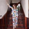 [White Background Tassel] Pajamas Women's Summer Ice Silk Long-sleeved Suit Spring and Autumn Thin Cartoon Printed Loungewear