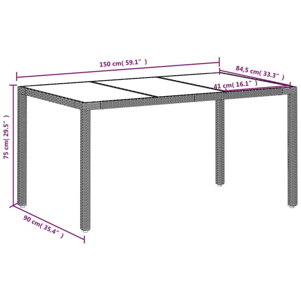 Garden Table with Glass Top Light Grey 150 x 90 x 75 cm Poly Rattan