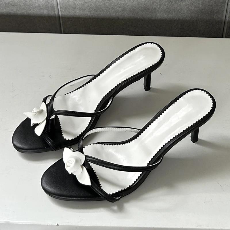 Eilyken Summer Flower Narrow Band Woman Slippers Slip On Thin Low Heels Party Stripper Beach Ladies Mules Slides Zapatos Mujer