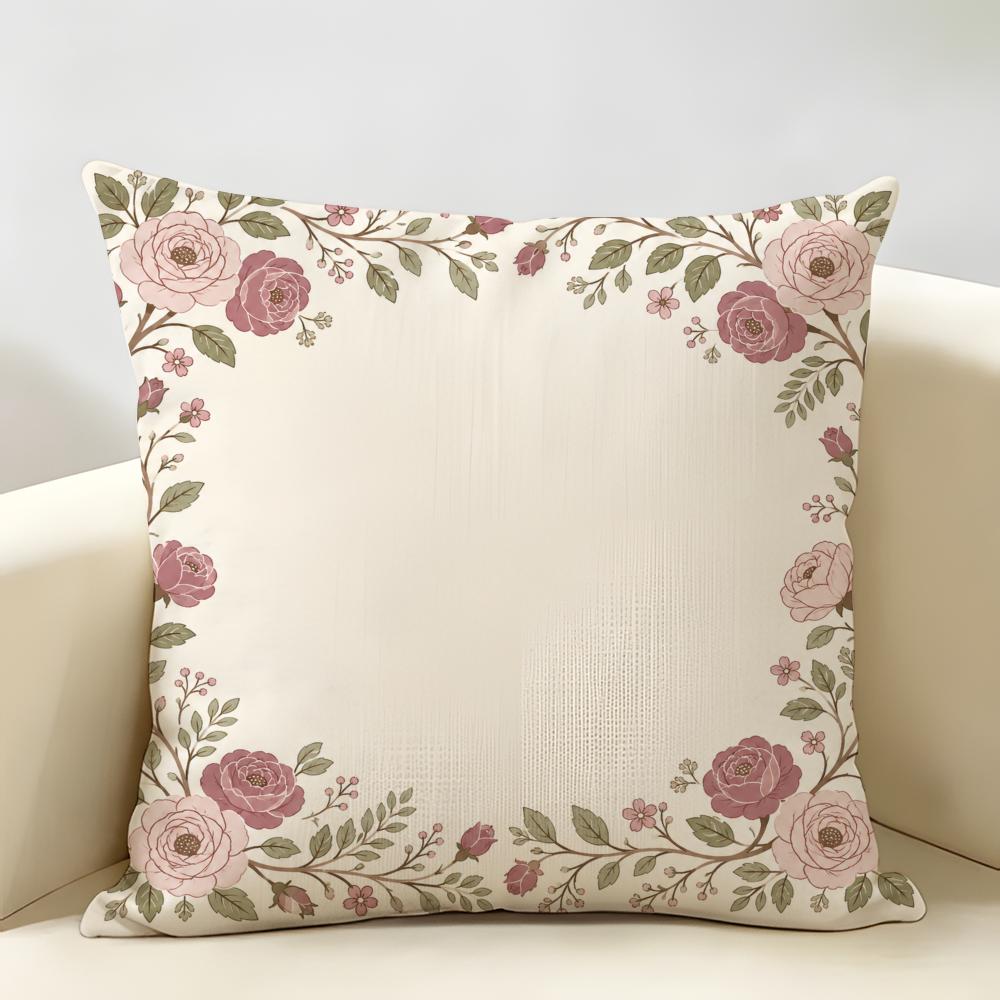 Vintage Dusty Pink Rose Bouquet Cushion Cover Durable Hypoallergenic Organic Linen Short Pillow Cover Washable
