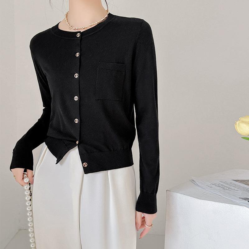 Ultra-fine merino cotton wool blended knitted cardigan women's round neck basic long-sleeved versatile loose and thin top