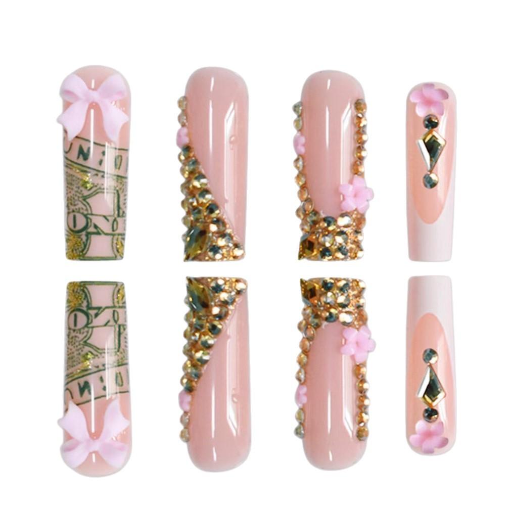 24pcs Bownot & Flower Nail Stickers Press-On Nails, Suitable For Women Girls Nail Art Decorr