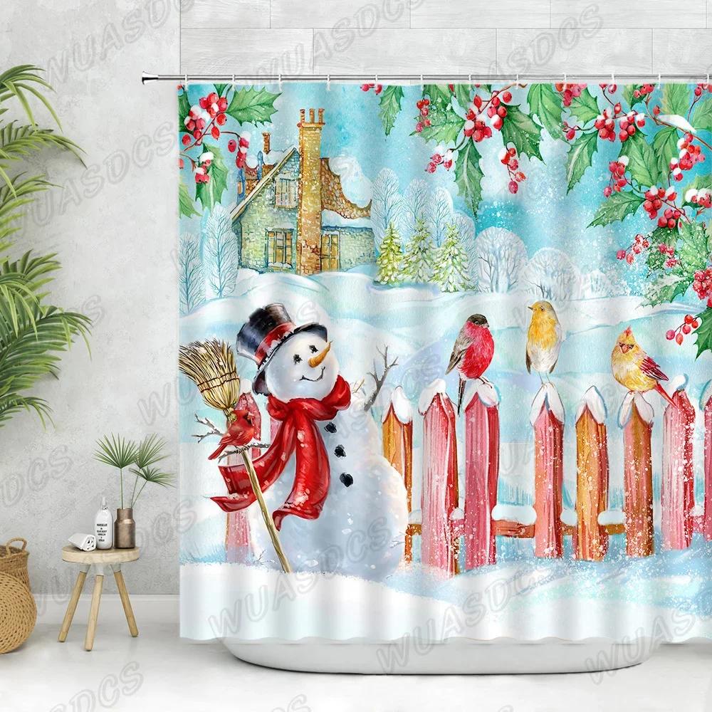 Christmas Shower Curtain Sets Vintage Red Truck Xmas Ball Pine Tree Snowman Winter New Year Gift Bathroom Decor Bath Curtains