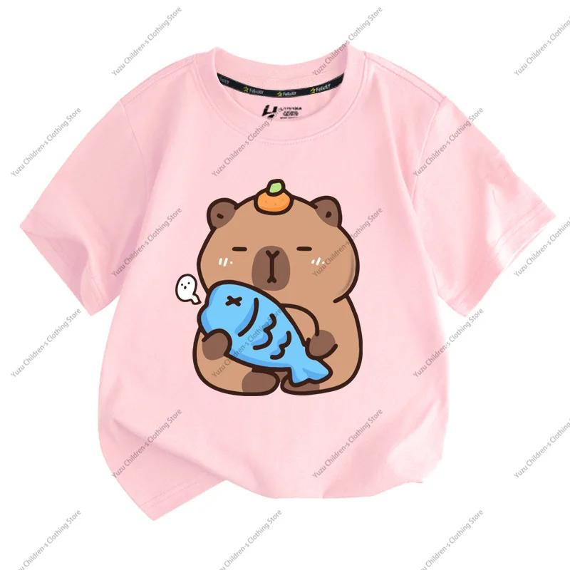T-shirt Estiva Nuova Tendenza Stampa Capibara Carina per Bambini a Maniche Corte Carina Comoda Versatile T-shirt per Ragazzo e Ragazza