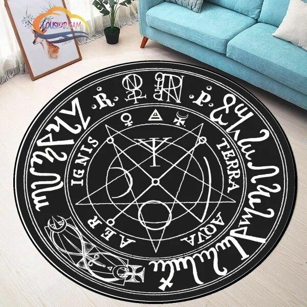 Kulatý koberec se vzorem Pentagram Sun, koberec Satan Devil's Trap, bílý na černém koberci Supernatural Rune