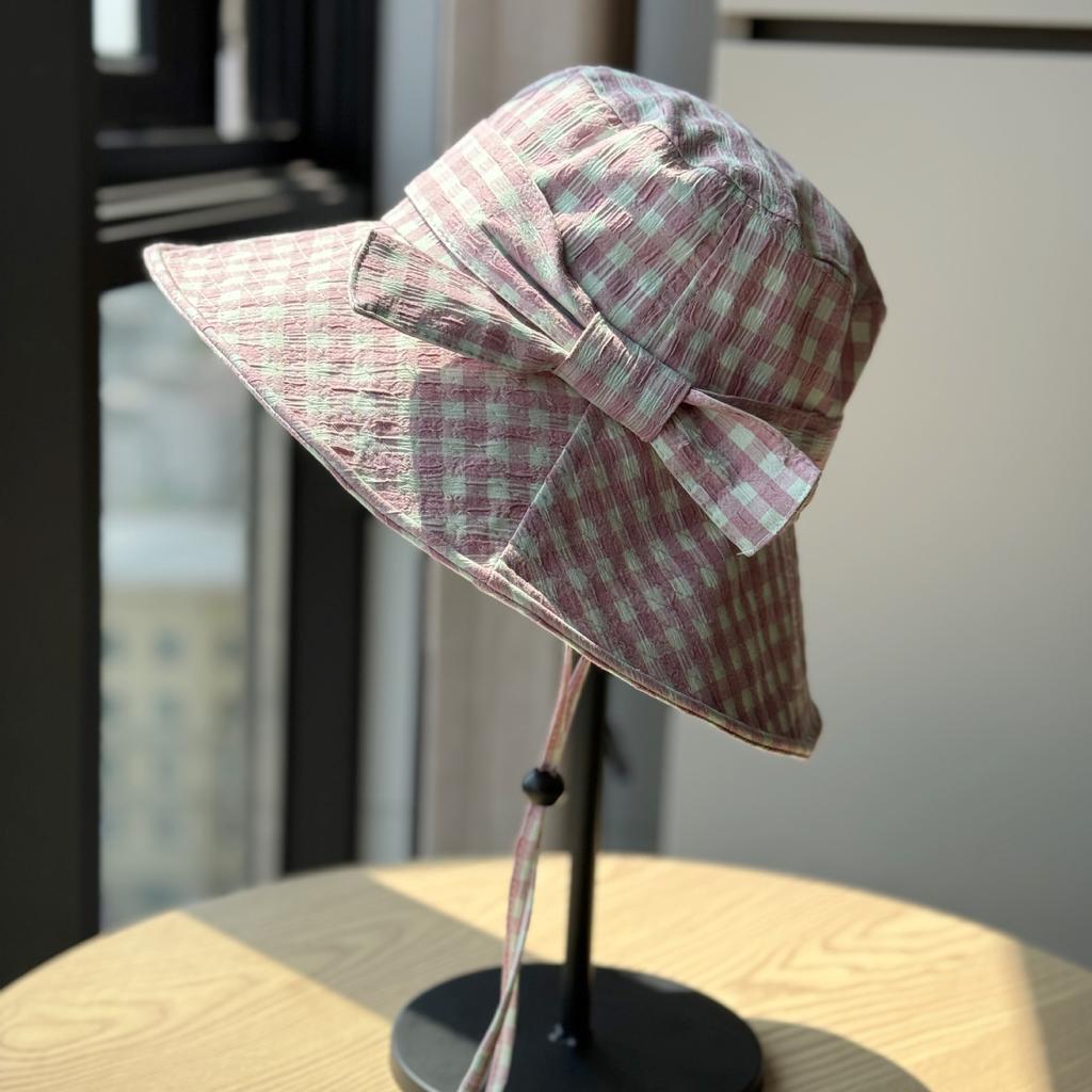 New Korean-style plaid fisherman hat for women, spring and summer, large brim, makes the face look smaller, floral pattern, sun protection hat