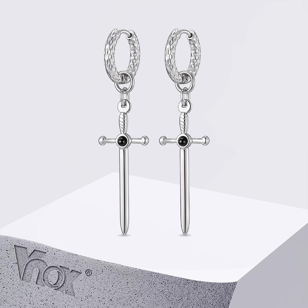 Vnox Stainless Steel Black Onyx Sword Huggie Hoop Earrings Punk Rock Dangle Earring for Men Women Couples Trendy Gothic Jewelry