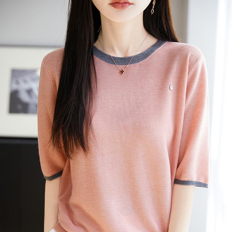 

2025 Women s Color Block Merino Wool Crew Neck Short Sleeve Knit T-Shirt L