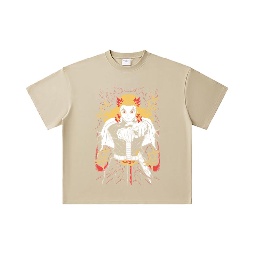 260 GSM Double Yarn 32 Count 100% Cotton Demon Slayer V43 Rengoku Print Unisex Heavy Cotton T Shirt