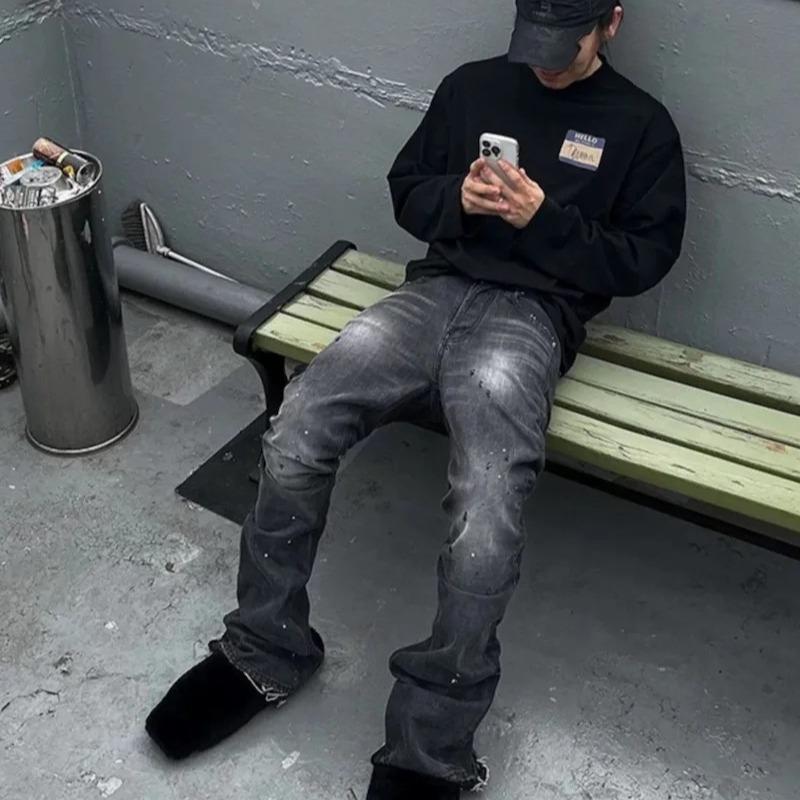 DRIPX High Street Washed Loose Wide-leg Old Splashing Ink Slightly Pulled Whisker Jeans Overalls for Men M