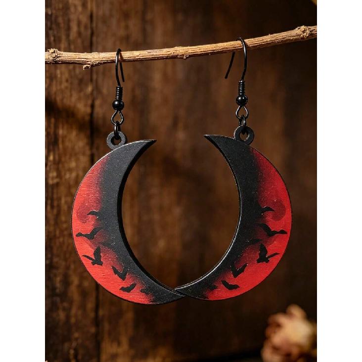1 Pair Halloween Black & Red Gradient Moon Acrylic Earrings, Bat Crescent Moon Dark Gothic Style Personalized Earrings