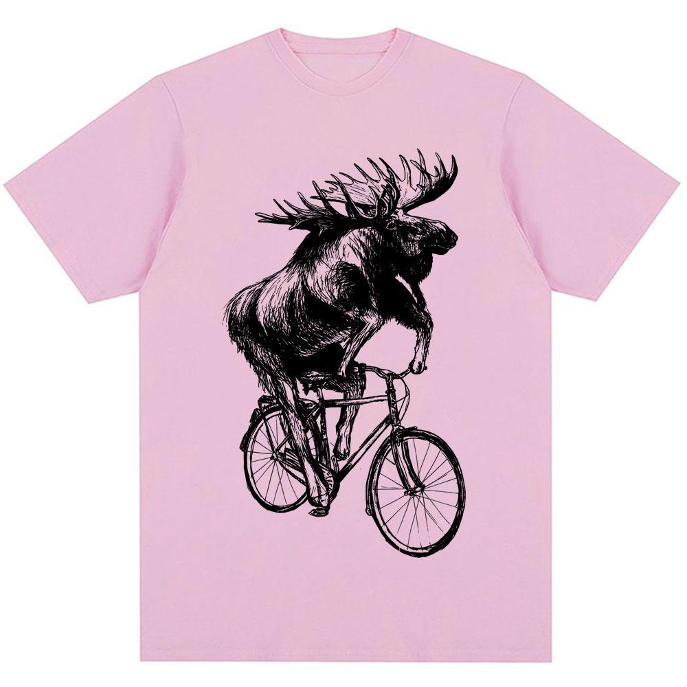 Funny Moose on Bicycle Graphic T Shirt Men Women Vintage Harajuku Creativity T-shirts Oversized Cotton Casual T-shirt