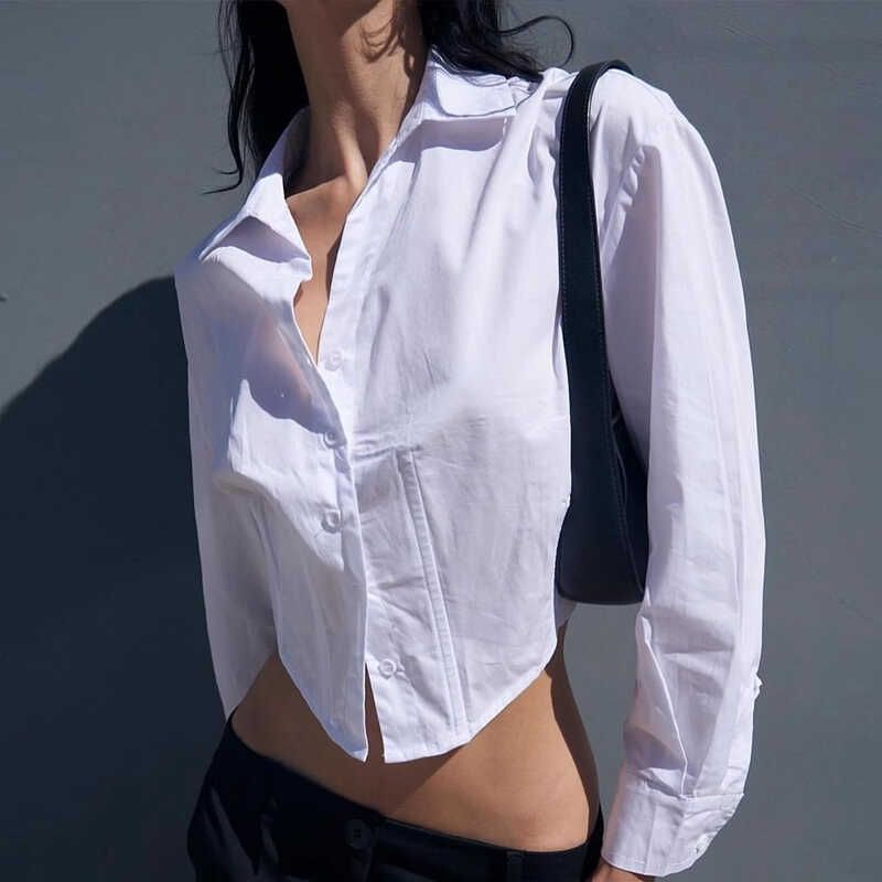 

Cotton Short Waist Hugging Shirts Women Design Sense Niche BF Waist Slimming Hong Kong Style Scheming White Shirt Women New Tunic white shirt L