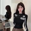 And Cool Spicy Girl Black and White Color-Blocking Unique Letter Print T-Shirt for Women, Slim Fit, Stylish, Versatile Long-Sleeve Top for Autumn