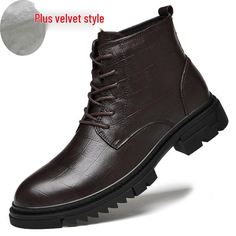 Men's Plus Size Genuine Leather High-Top Martin Boots, Velvet-Lined Winter Work Boots, Snow Boots in Cowhide.
