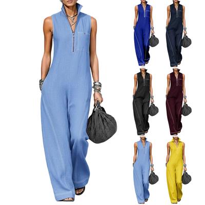 Women Sleeveless Jumpsuit Casual Wide Leg Romper Loose Fit Stand Collar Zipper Front Pocket One Piece Outfit for Everyday Wear