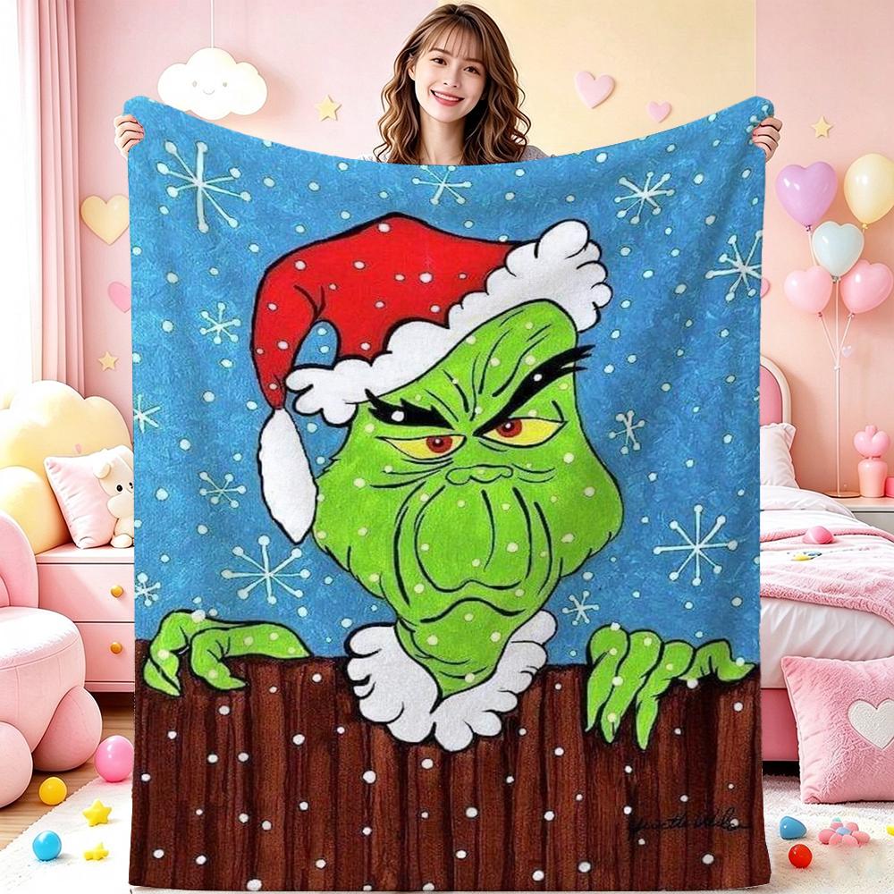 Extra Grinchy Today Theme Cute Flannel Blanket Machine Washable Fleece Blanket For Living Room Bedroom Gaming Room Party Decor Christmas Gift