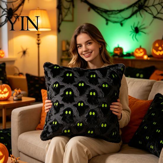 Decorative Ghost Throw Pillowcase 2Pcs Halloween Cushion Covers, Plush Pillow 18x18 Covers for Office Inch Cases Sofa Bed Couch Chair Washable Holiday