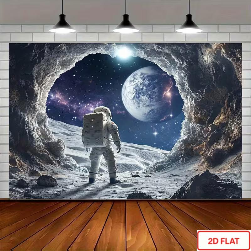 

2D Galaxy Space Photography Background, Astronaut on Moon with Earth View Kids Birthday Decor Banner 47.2x31.5inch/120*80cm