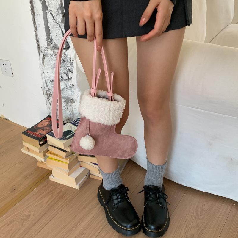 Simple Korean Style Suede Crossbody Bag LambWool Fluffy Lamb Fur Bag Purse Wallet Travel Plush Boot Bag Outdoor