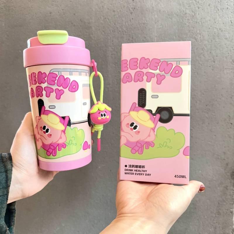 Cartoon Graffiti Insulated Bottle For Women And Kids With Leakproof Lid And Carrying Strap