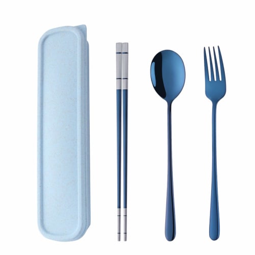 Do Buy Trio Set: Chopsticks, Spoon, and Fork, 3-Piece Set, Made of 18-8 Stainless Steel with a Stylish Wheat Container, 23cm Laser Chopsticks, Titaniu