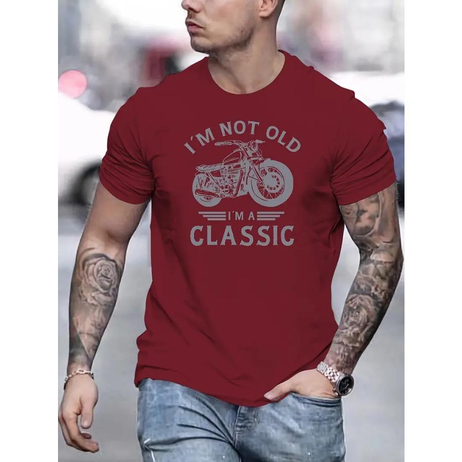 Men's Classic Motorcycle Graphic T-Shirt - "I'M NOT OLD I'M A CLASSIC" Print, Round Neck, Short Sleeve, Casual Summer Tee Relaxed Fit, Vibrant Graphic
