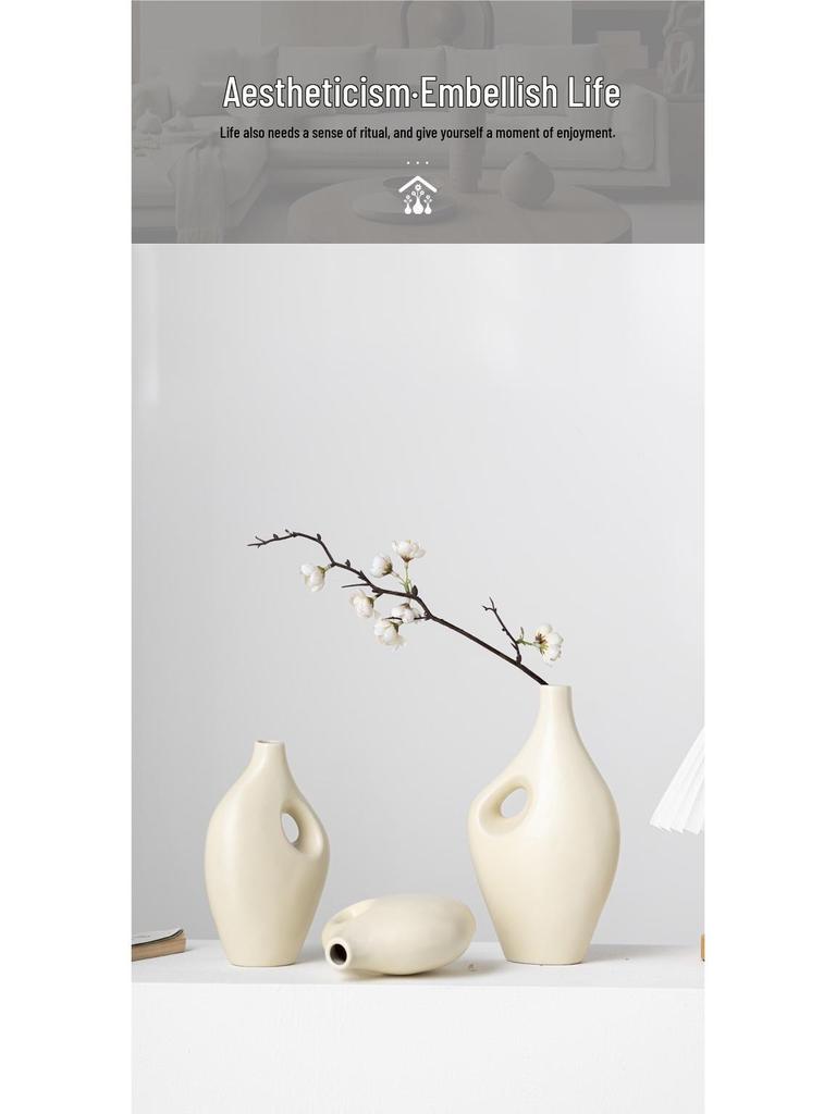 Beige Minimalist Ceramic Vase for Modern Home Decor and Flower Arrangement