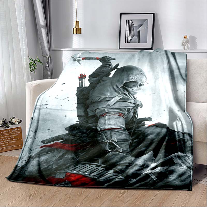 Assassin's Creed Hooded Figure Flannel Blanket Red Smoke Logo Print Soft Warm Throw For Sofa Bed Gamer Home Decor