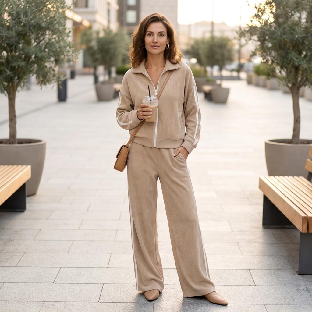 Women's Corduroy Two Piece Set with Casual Zip Up Jacket and High Waisted Wide Leg Pants