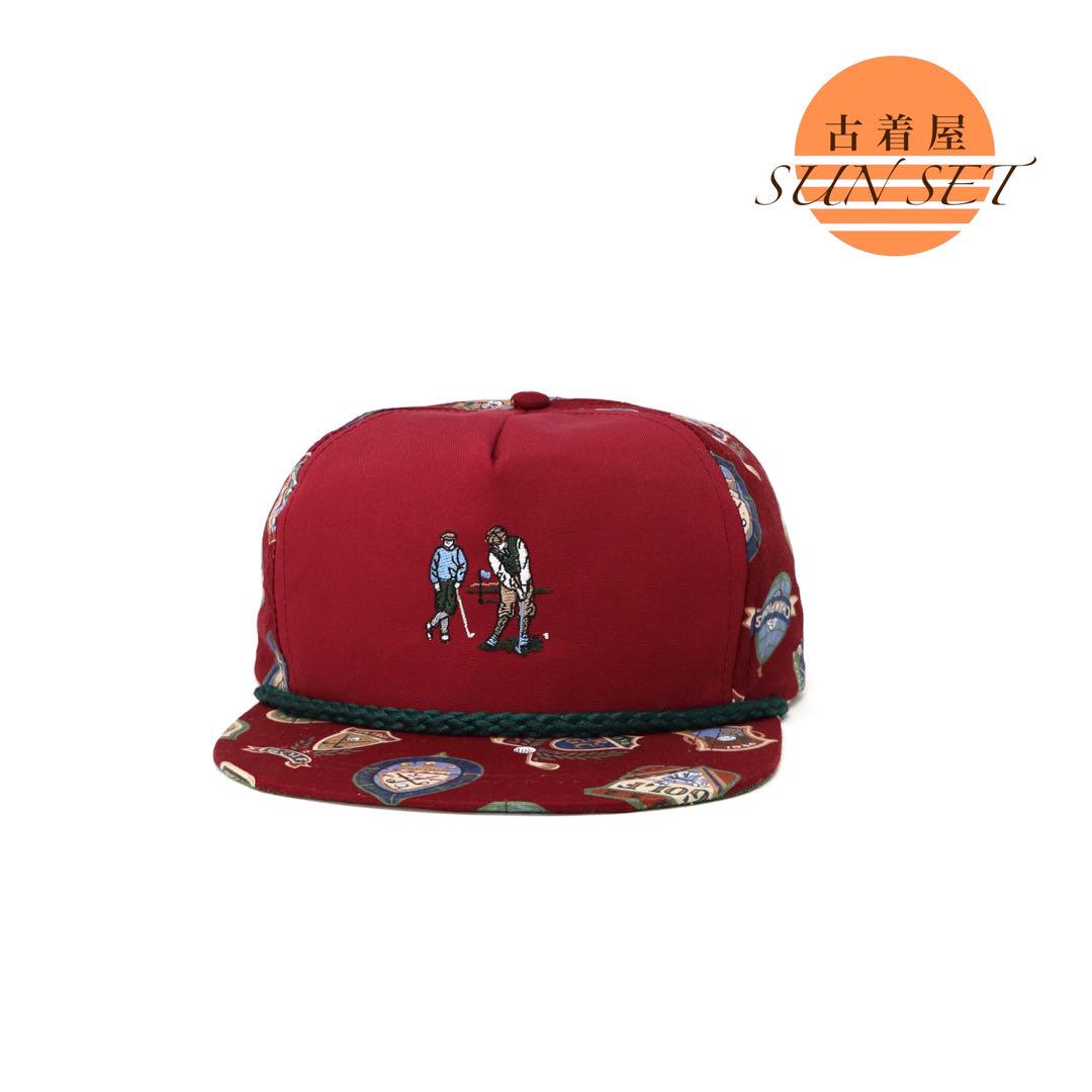 

[USED] Vintage 80s American-made golf sports cap with all-over print and rope, embroidered, red