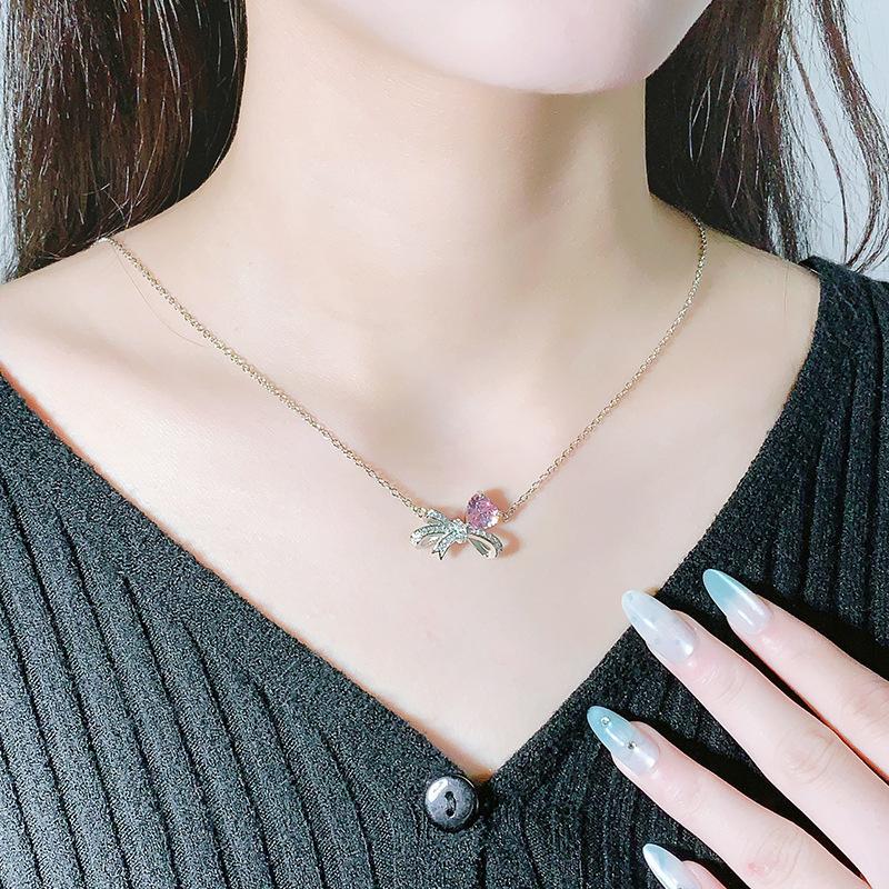 Send Girlfriend Feeling Flash Bow Necklace Niche Design Day Diamond Collarbone Chain Powder Simple Women'S Zirconium Pendant