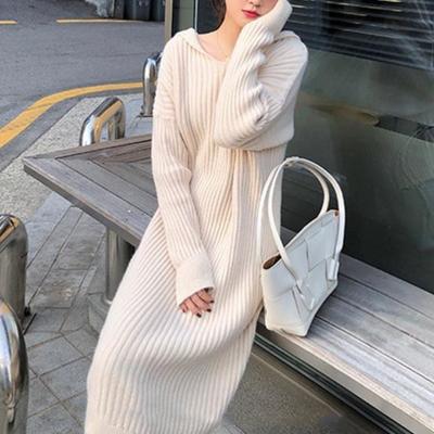 Autumn and Winter New Knitted Dress Women's Hooded Solid Color Medium and Long Over the Knee with Thin Bottom Sweater Skirt