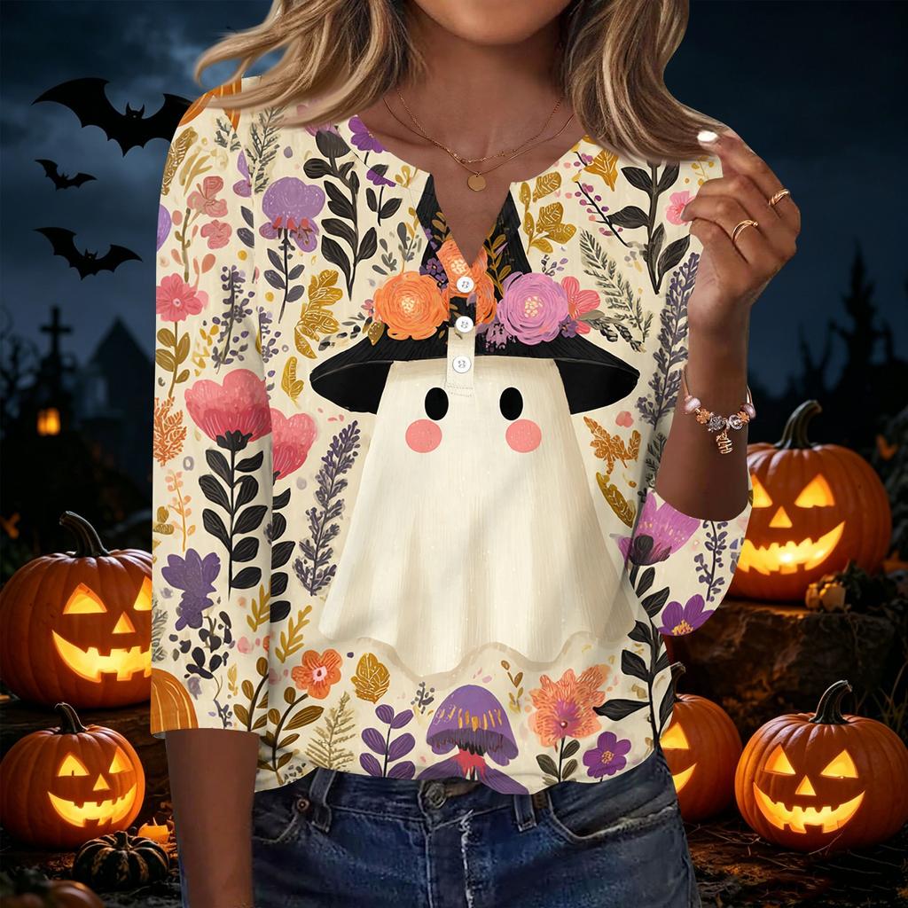 Women's Casual Halloween Print V Neck Button Front Three Quarter Sleeve T Shirt Top Lightweight Soft Fabric Comfortable Fit