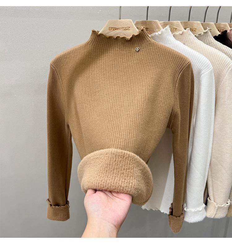 Women's Velvet Half-High Collar Sweater: Solid Color, Warm, Slim-Fit, Autumn/Winter Style, Simple & Soft Knitted Base Layer.
