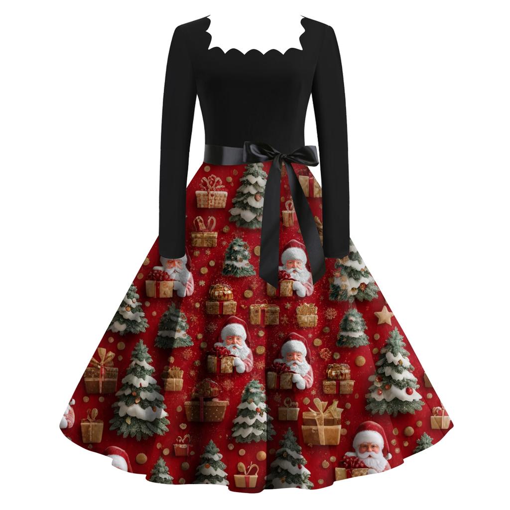 Women's Fashion Retro Long-sleeved Square Collar Christmas Printed Evening Dress