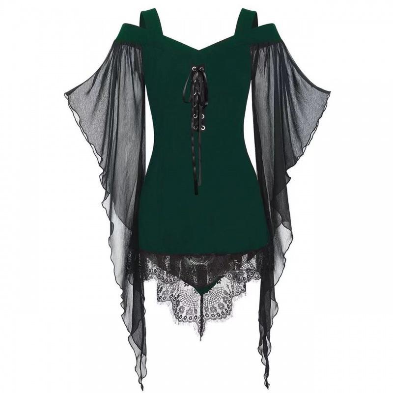 Neues Gothic-Pendelärmel-Oberteil mit unregelmäßiger Spitze und Trägern, Schnürung, Chiffonhemd