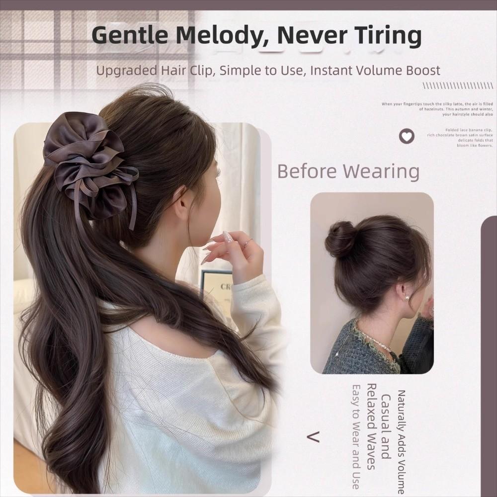 Synthetic Ribbon Banana Clip Ponytail Pleated Bow Pony Tail Hair piece  for Women