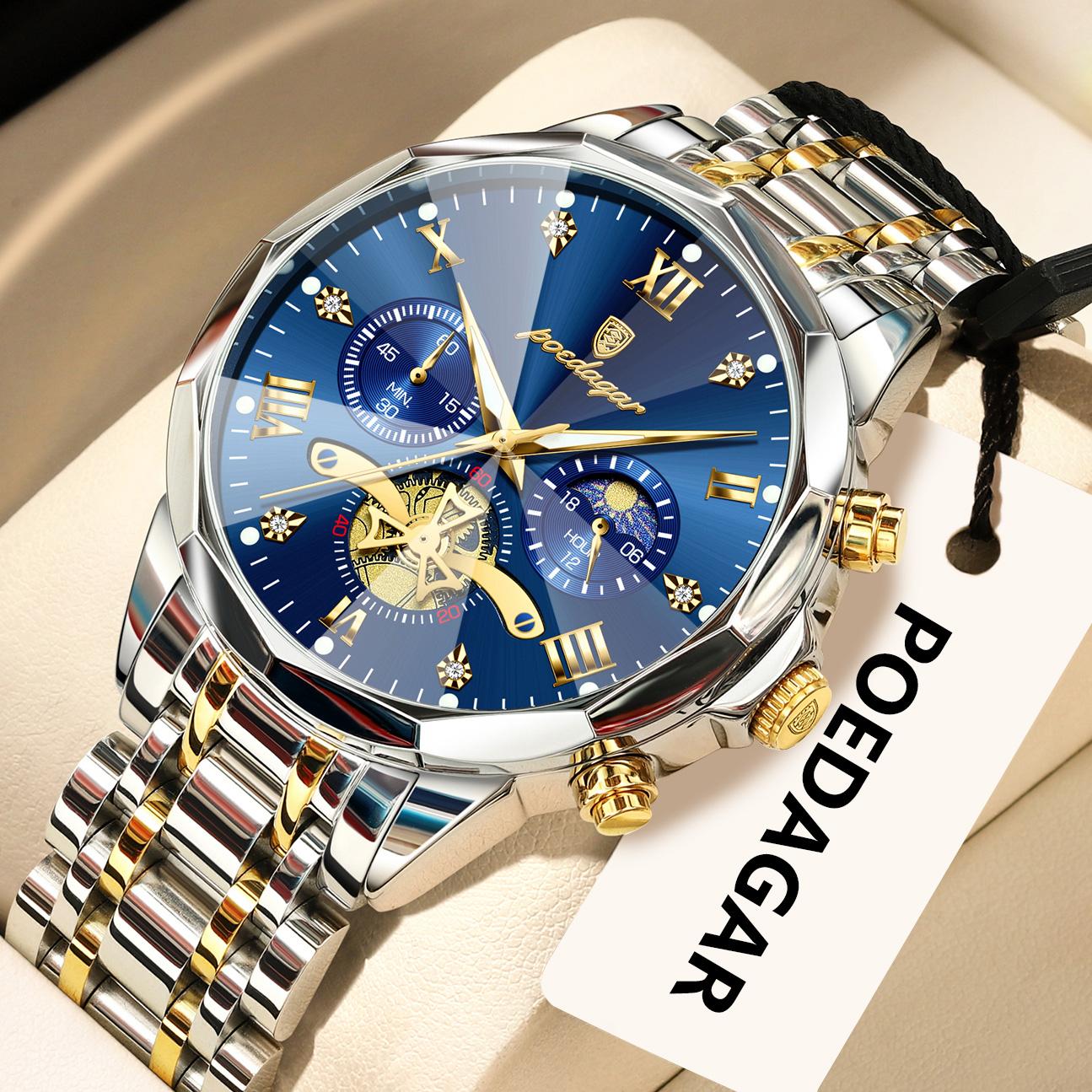 

POEDAGAR Original Luxury Men s Watch Waterproof Luminous Chronograph Wristwatch Stainless Steel Quartz Watches for Man Reloj синий/золотой