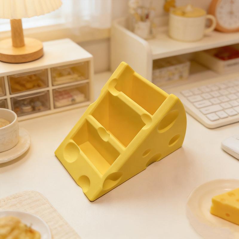 §Sundries Organizer Cheese Remote Control Storage Box 3 Grids Creative Pen Holder Save Space Desktop Storage Rack Bedroom