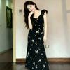 French Black Floral Dress Children's Summer New Temperament Waist Thin Flying Sleeves Fishtail Dress
