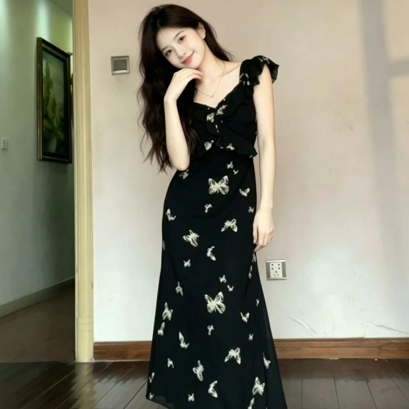 French Black Floral Dress Children's Summer New Temperament Waist Thin Flying Sleeves Fishtail Dress