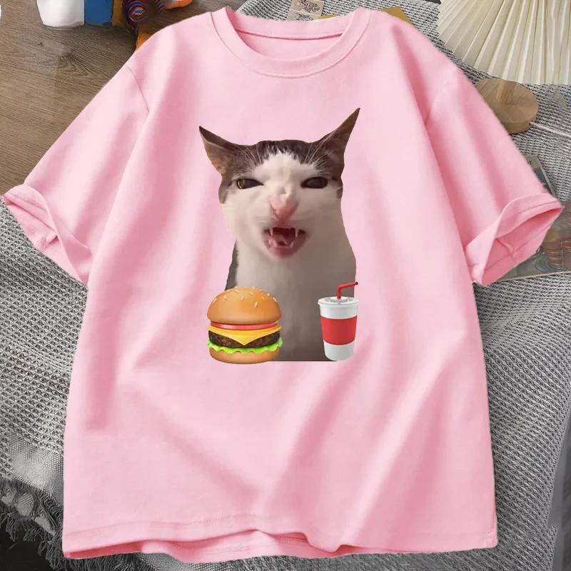 Cat Crunching Food Meme T-shirt Women Silly T Shirts Funny Cat Eating T-Shirt Short Sleeve Graphic Tees Streetwear Fashion Y2K