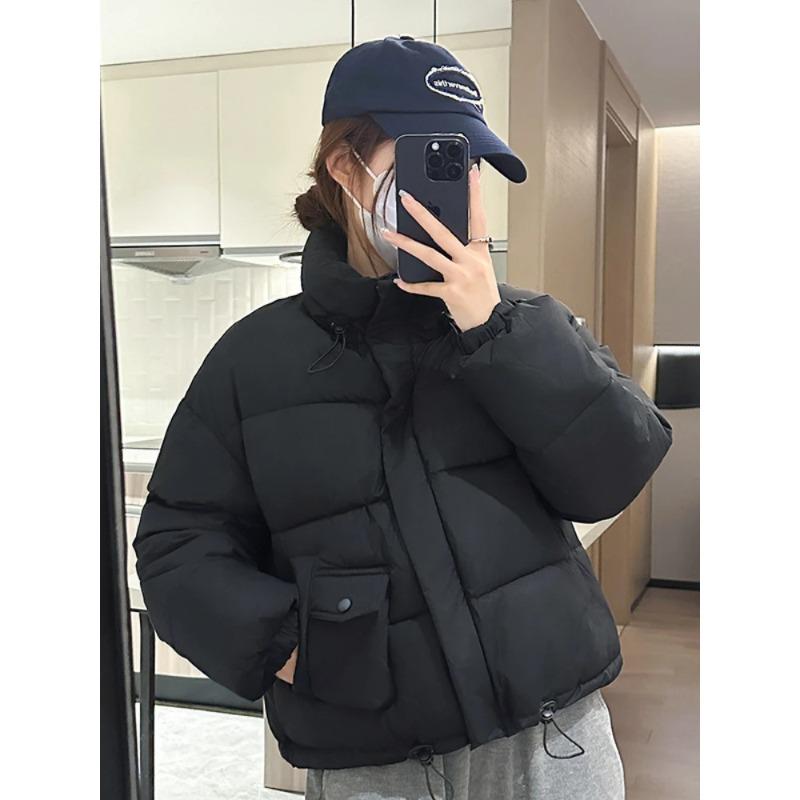 Fashion Black Down Cotton Solid Jacket Women's Short Korean Version Warm Cotton Jacket Bread Winter Coat Outerwear Parkas
