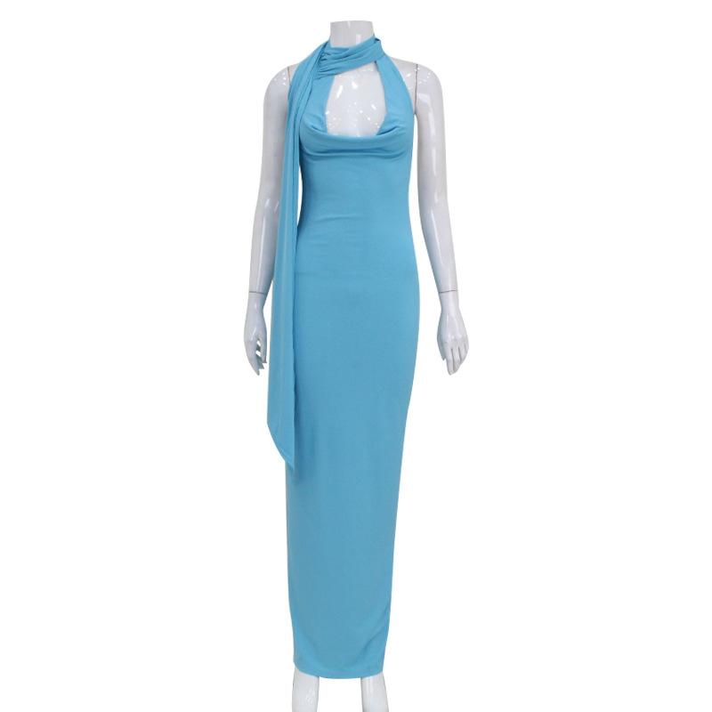 Sexy Halter Neck Draped Ruched Bodycon Dress with Flutter Sash Elegant Slimming Maxi Dress for Women