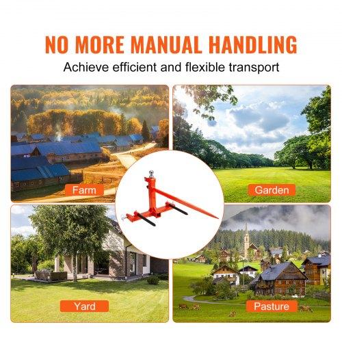 VEVOR 49" Hay Spear, Bale Spears 1600lbs Loading Capacity, Three-Point Hitch Tractor Attachment with 2pcs 17.5" Stabilizer Spears