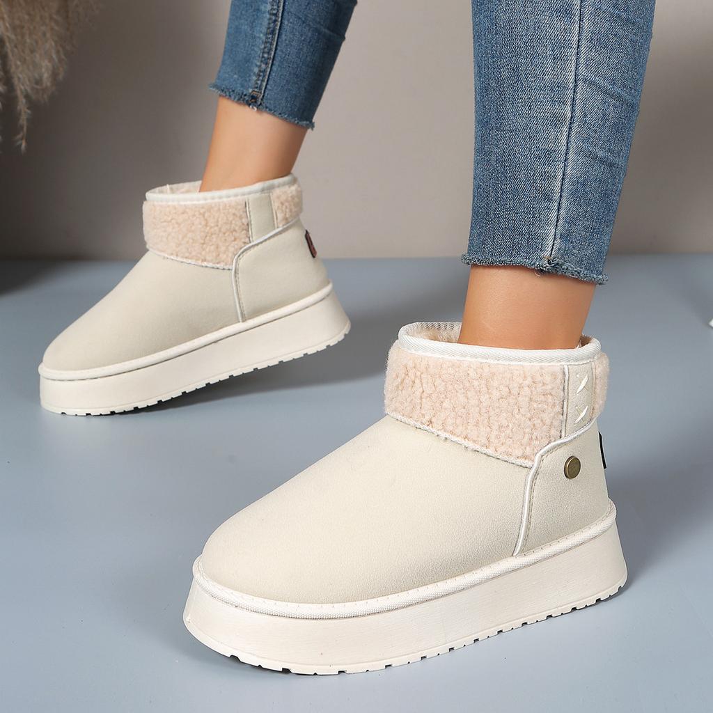 Women's Wide Width Platform Snow Boots, Slip-On Faux Fur Cuff Booties, Minimalist Winter Boots for Women